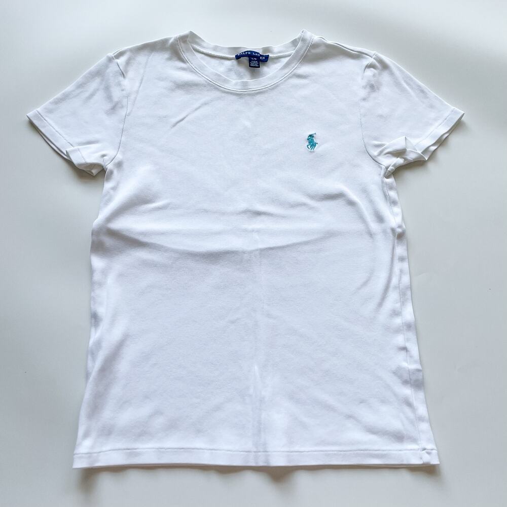 Women's Ralph Lauren White T-Shirt with Teal Embroidered Logo Size S/M
